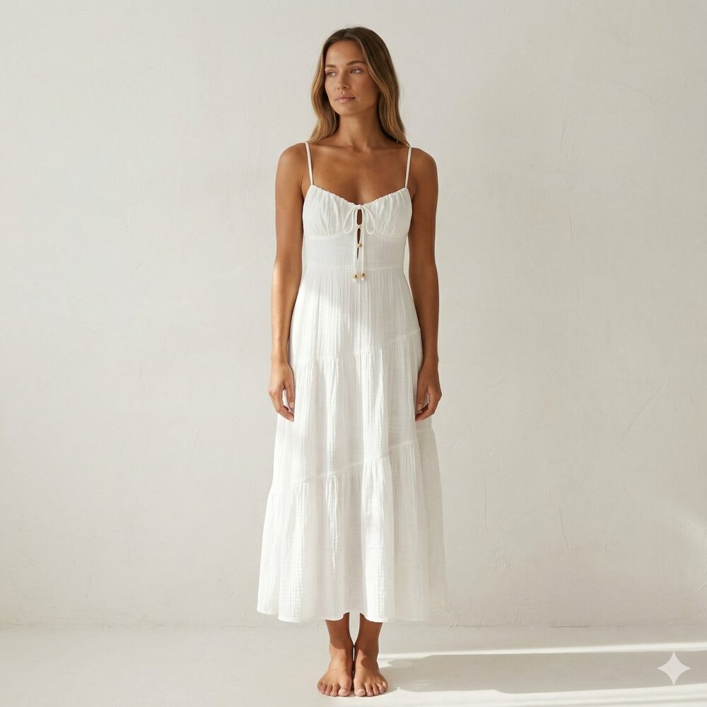 Lightweight White Spaghetti-Strap Maxi Dress with Tie Front